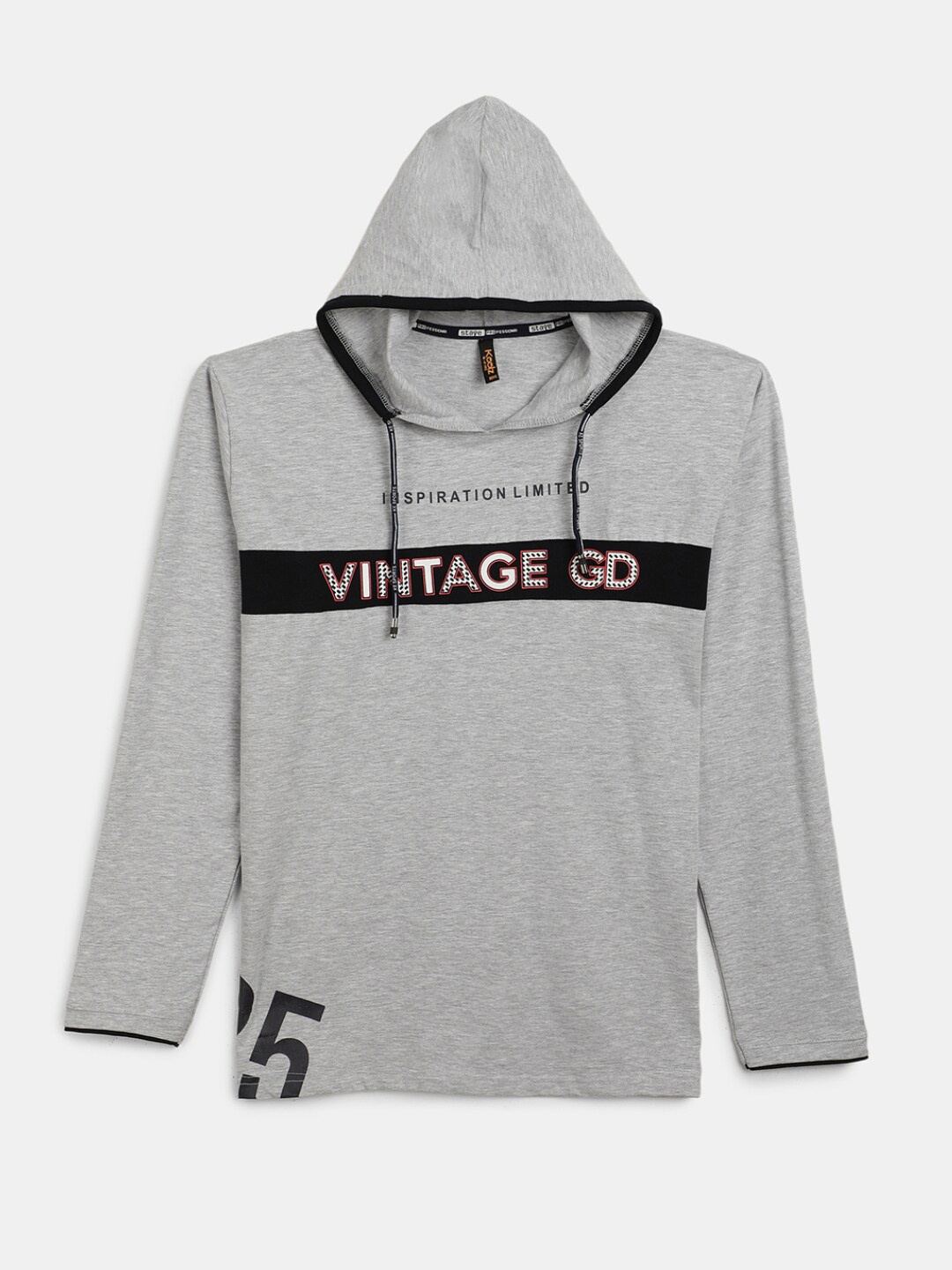 

V-Mart Boys Typography Hooded Cotton Lycra T-shirt, Grey melange