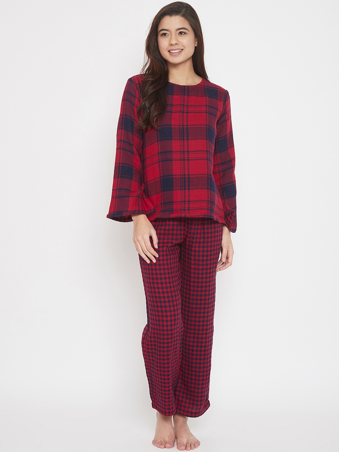 

The Kaftan Company Checks Pure Cotton Night Suit, Red