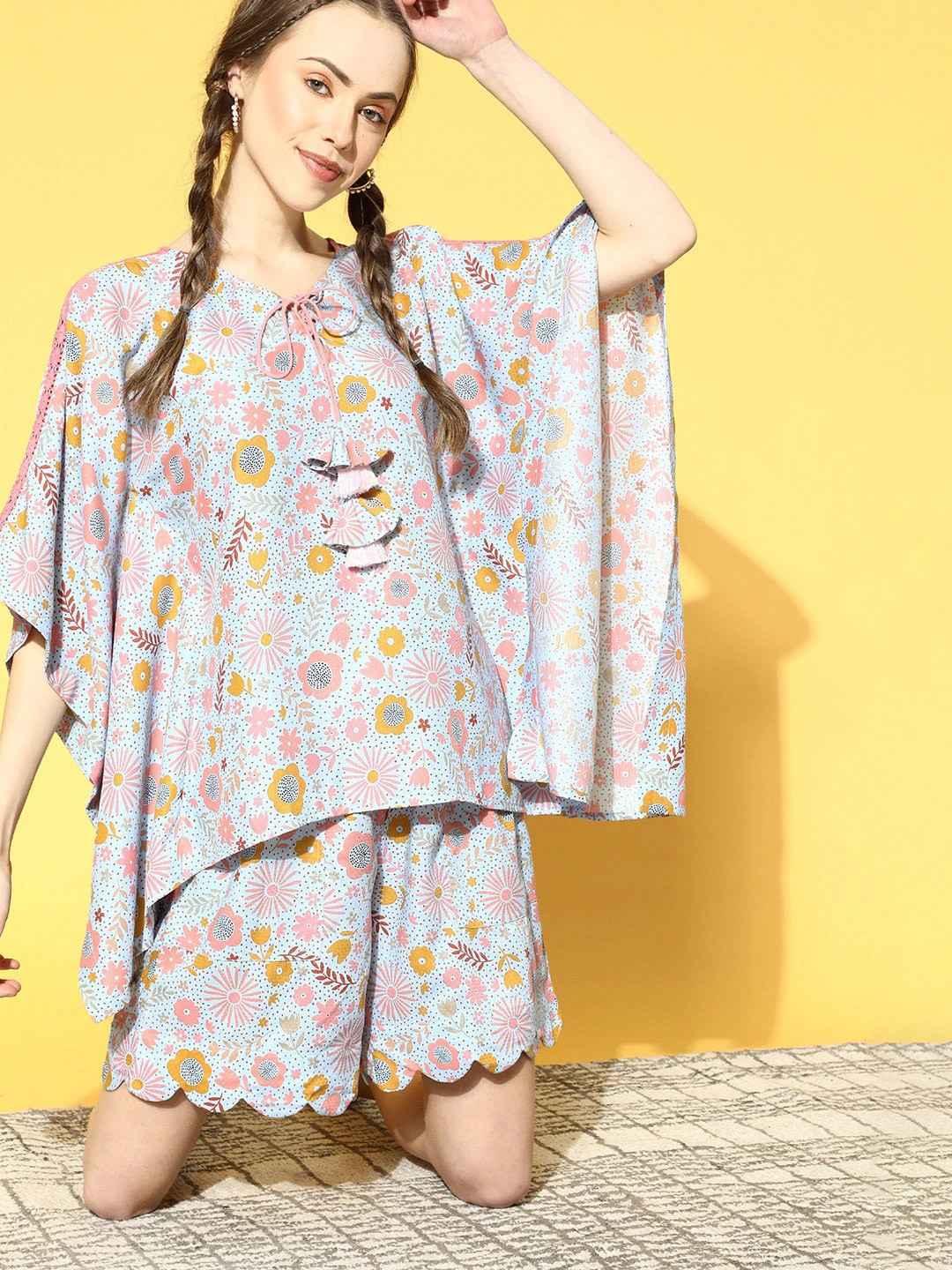 

The Kaftan Company Floral Printed Night Suit, Blue
