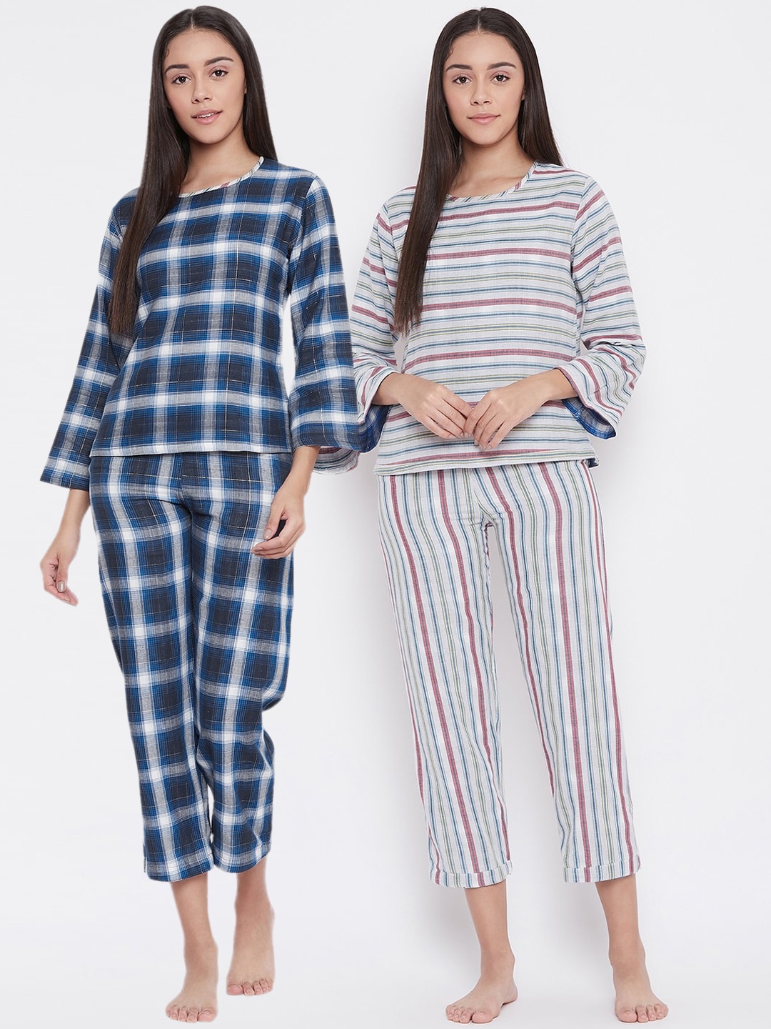 

The Kaftan Company Checkes Pure Cotton Night Suit, Blue