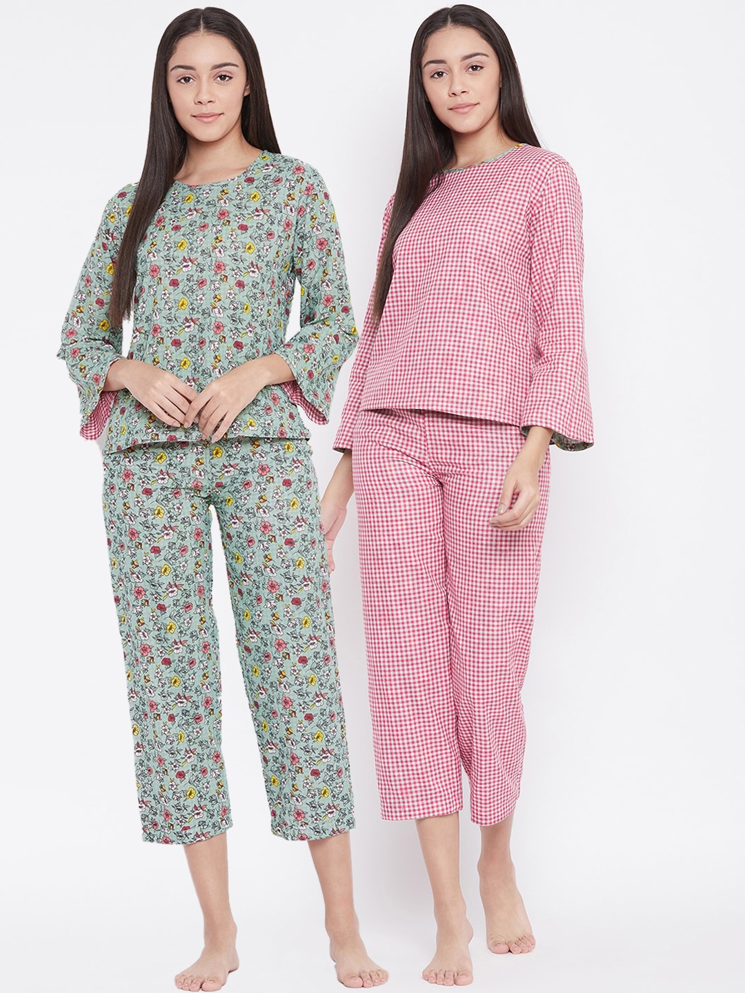 

The Kaftan Company Floral Printed Pure Cotton Reversible Night Suit, Pink