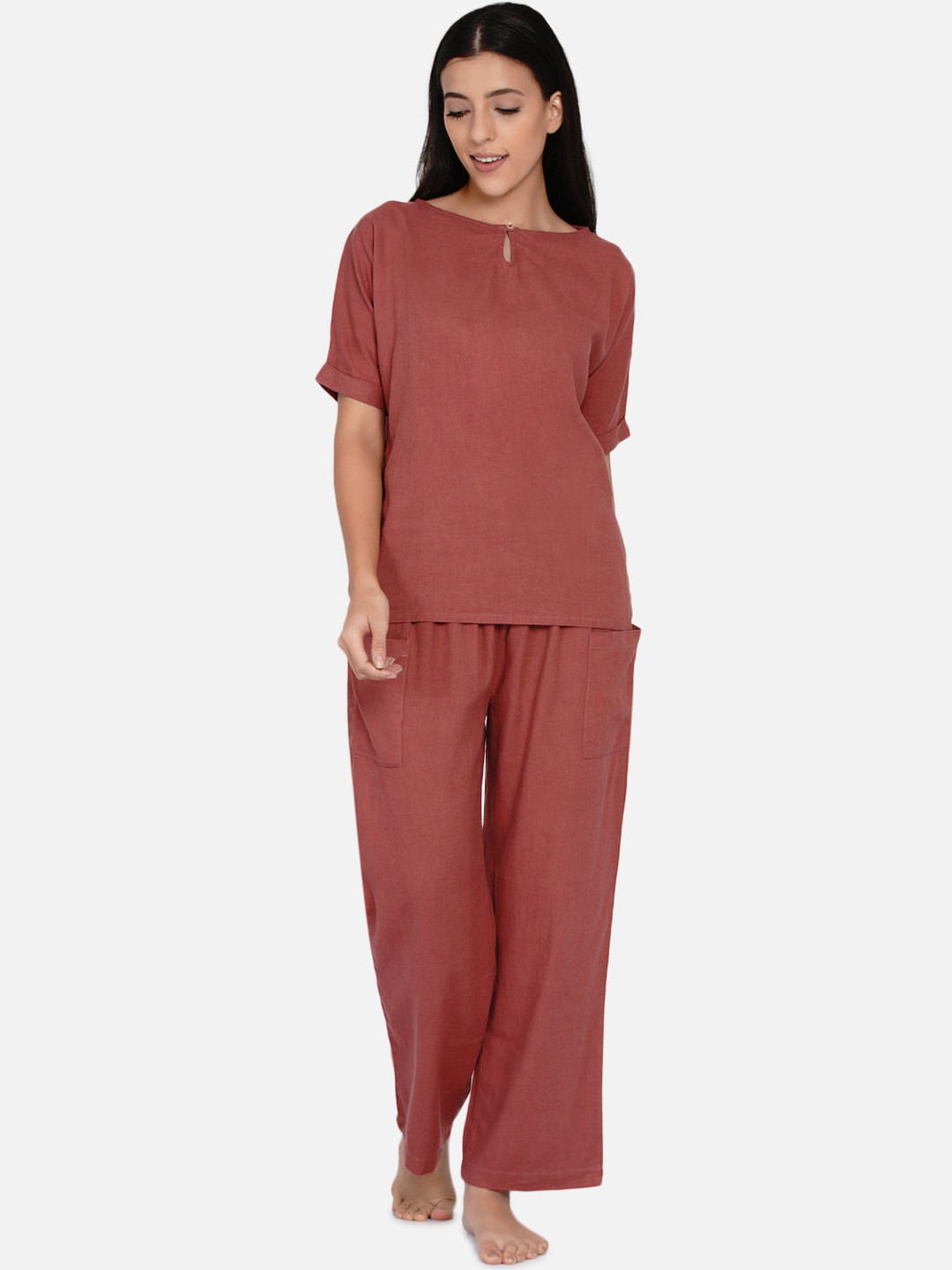 

The Kaftan Company Pure Cotton Night Suit, Rust