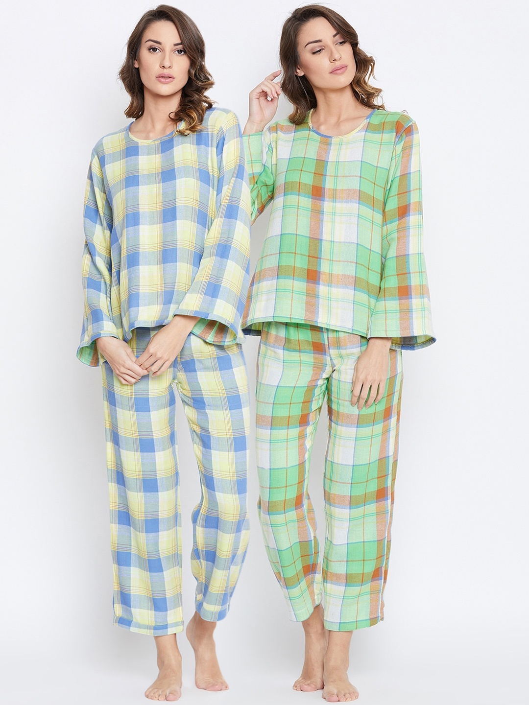 

The Kaftan Company Checks Pure Cotton Night Suit, Green