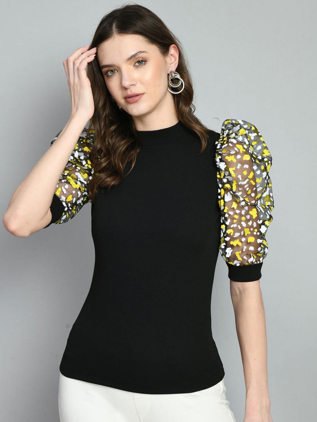 

IUGA High Neck Puff Sleeves Power Shoulders Top, Black