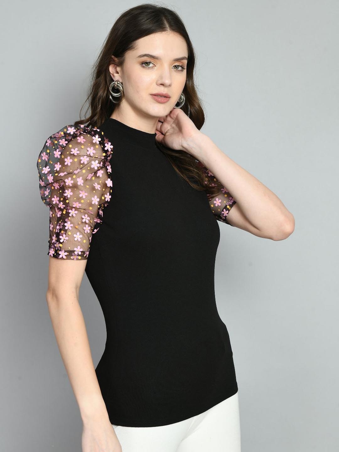 

IUGA Floral Self Design High Neck Puff Sleeves Top, Black