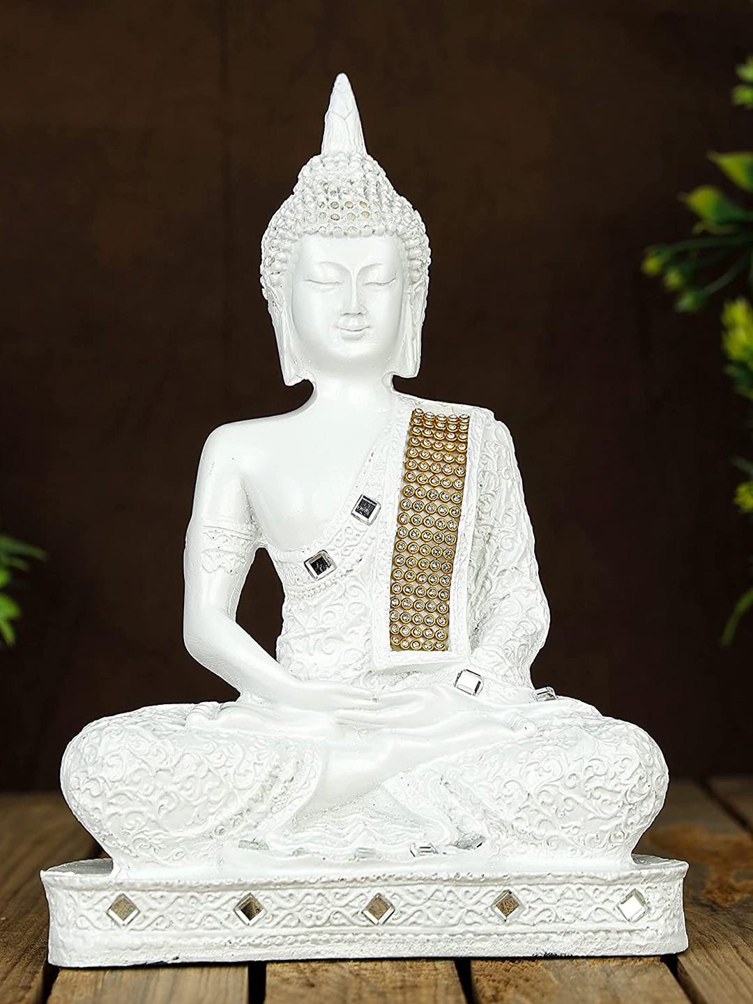 

SkyKey White & Gold Colored Detailed Carving Buddha Idols Figurines Showpiece