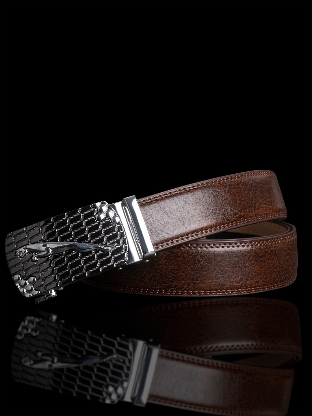 

NAEVE Men Leather Formal Belt With Textured Buckle, Brown