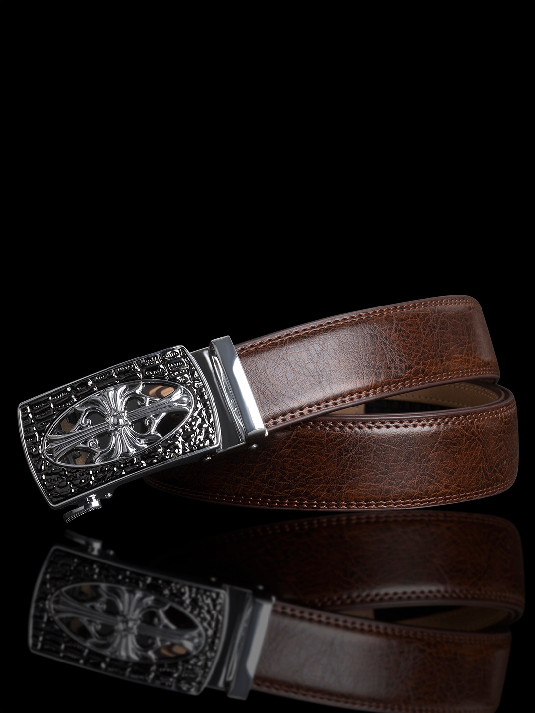 

NAEVE Men Leather Formal Belt With Textured Buckle, Brown