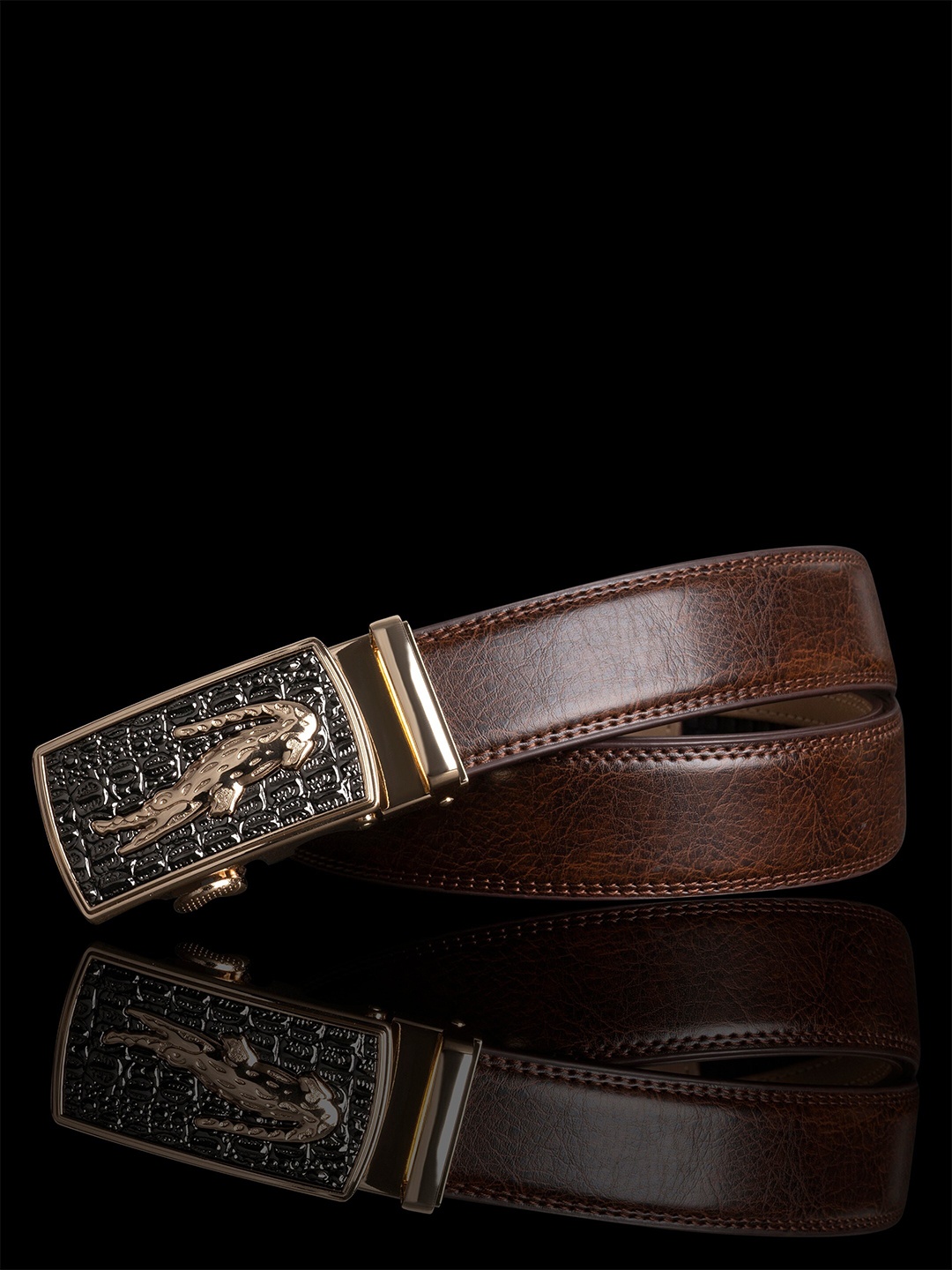 

NAEVE Men Leather Formal Belt With Textured Buckle, Brown