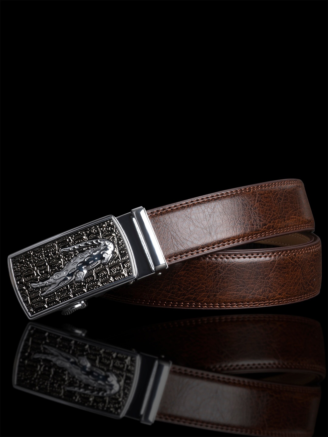 

NAEVE Men Leather Formal Belt With Textured Buckle, Brown
