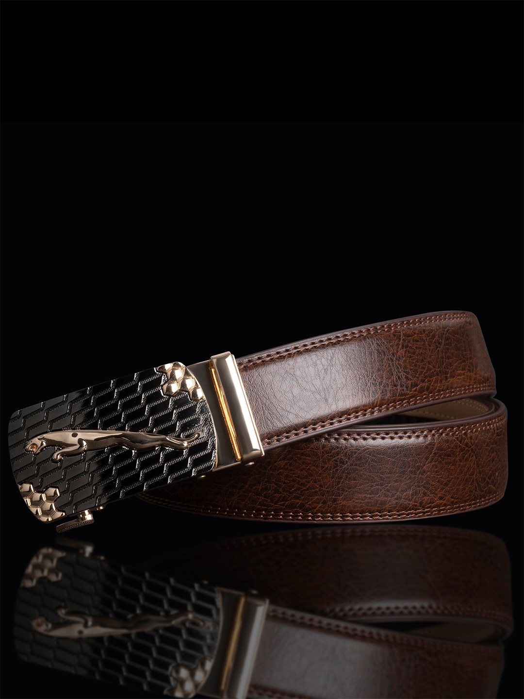 

NAEVE Men Leather Formal Belt With Textured Buckle, Brown