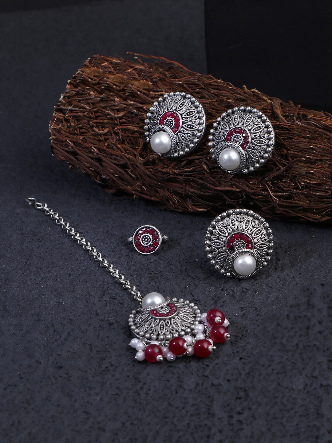 

Adwitiya Collection Oxidised Silver-Plated Stone Studded Jewellery Set, Pink