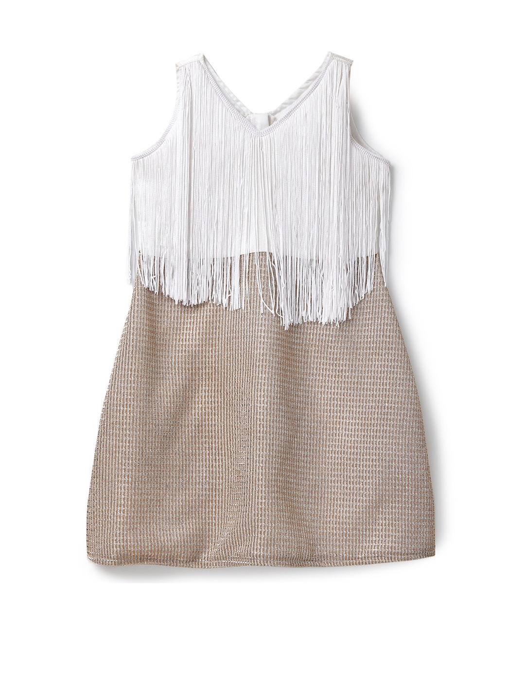 

YK Girls Self Design Fringed Jacquard Fit & Flare Dress, Off white