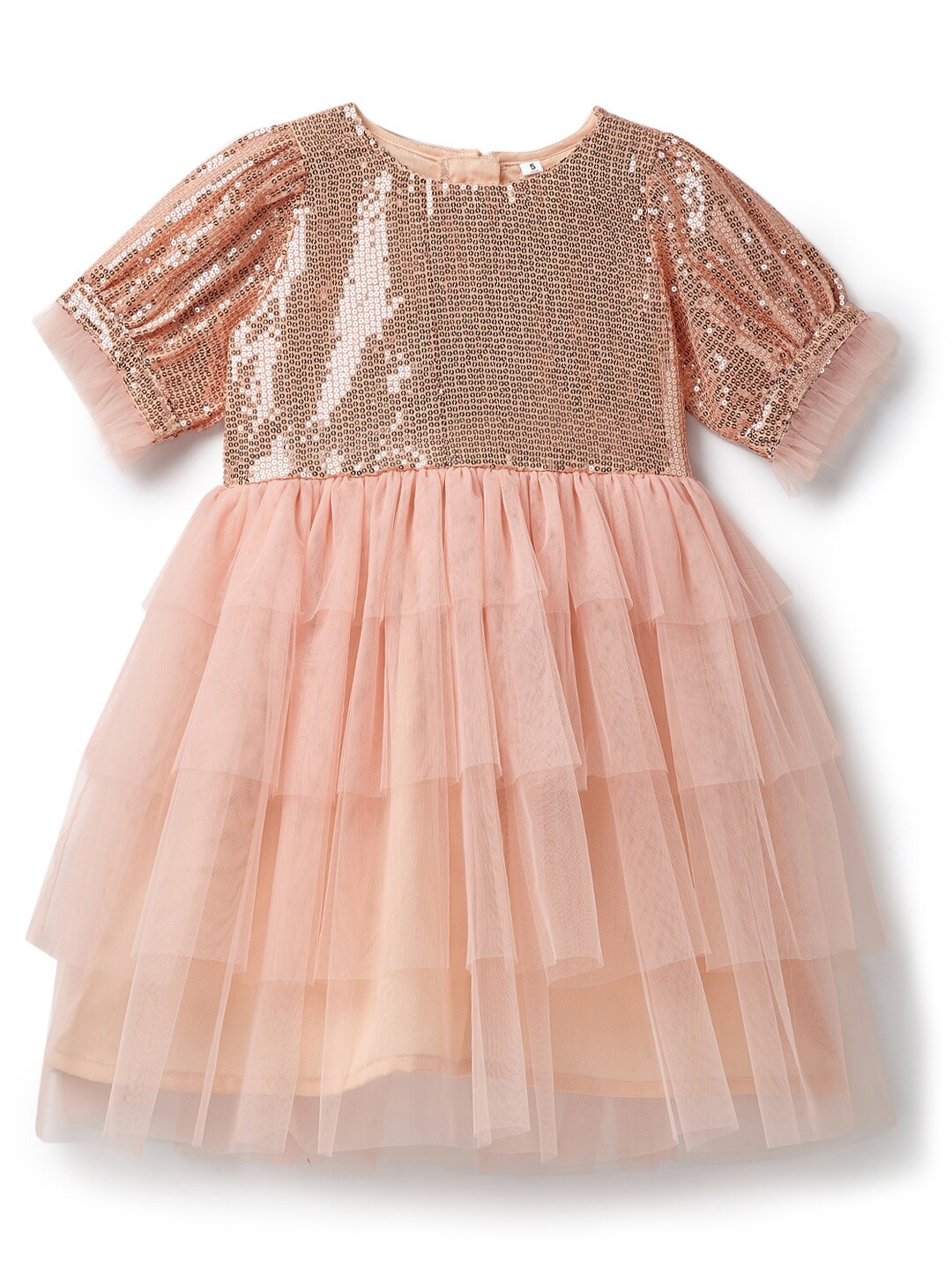 

YK Girls Round Neck Sequined Layered Georgette Fit And Flare Dress, Peach