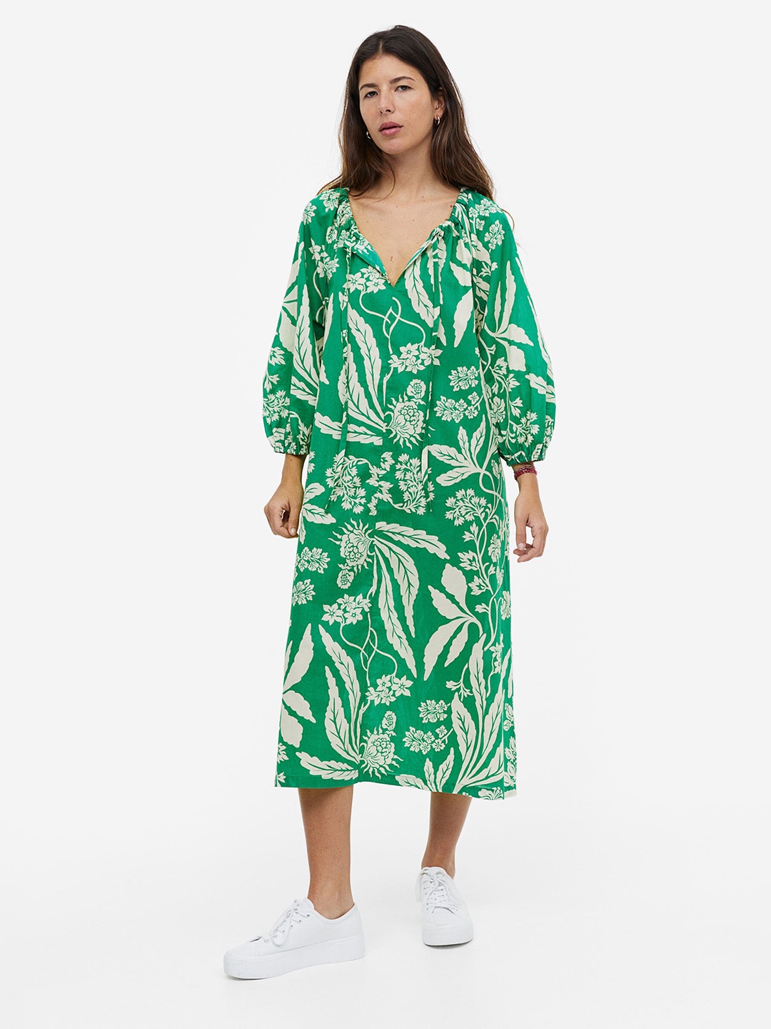 

H&M Drawstring-Detail Pure Cotton Dress, Green