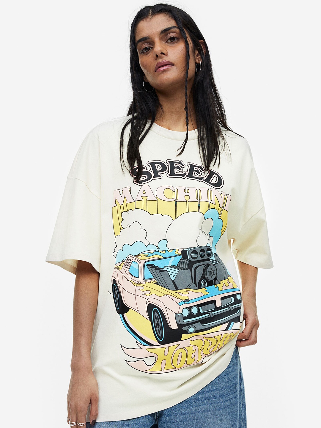 H&M Oversized Printed Pure Cotton T-shirt, White