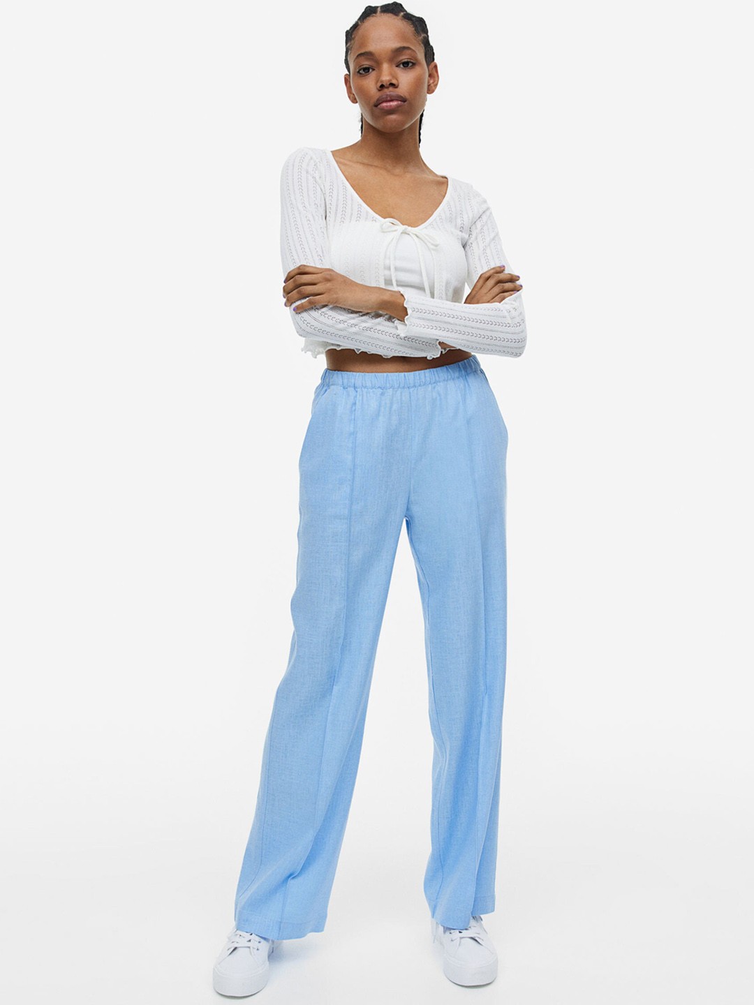 

H&M Women Linen-Blend Pull-on Trousers, Blue
