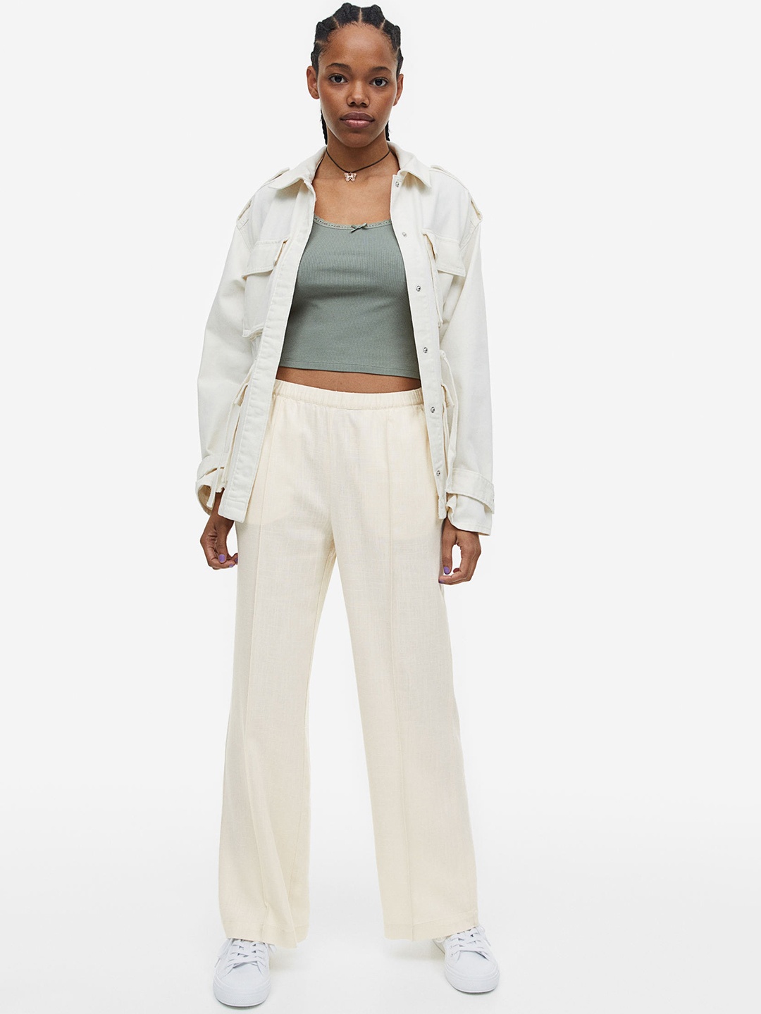 

H&M Women Linen-Blend Pull-On Trousers, Beige