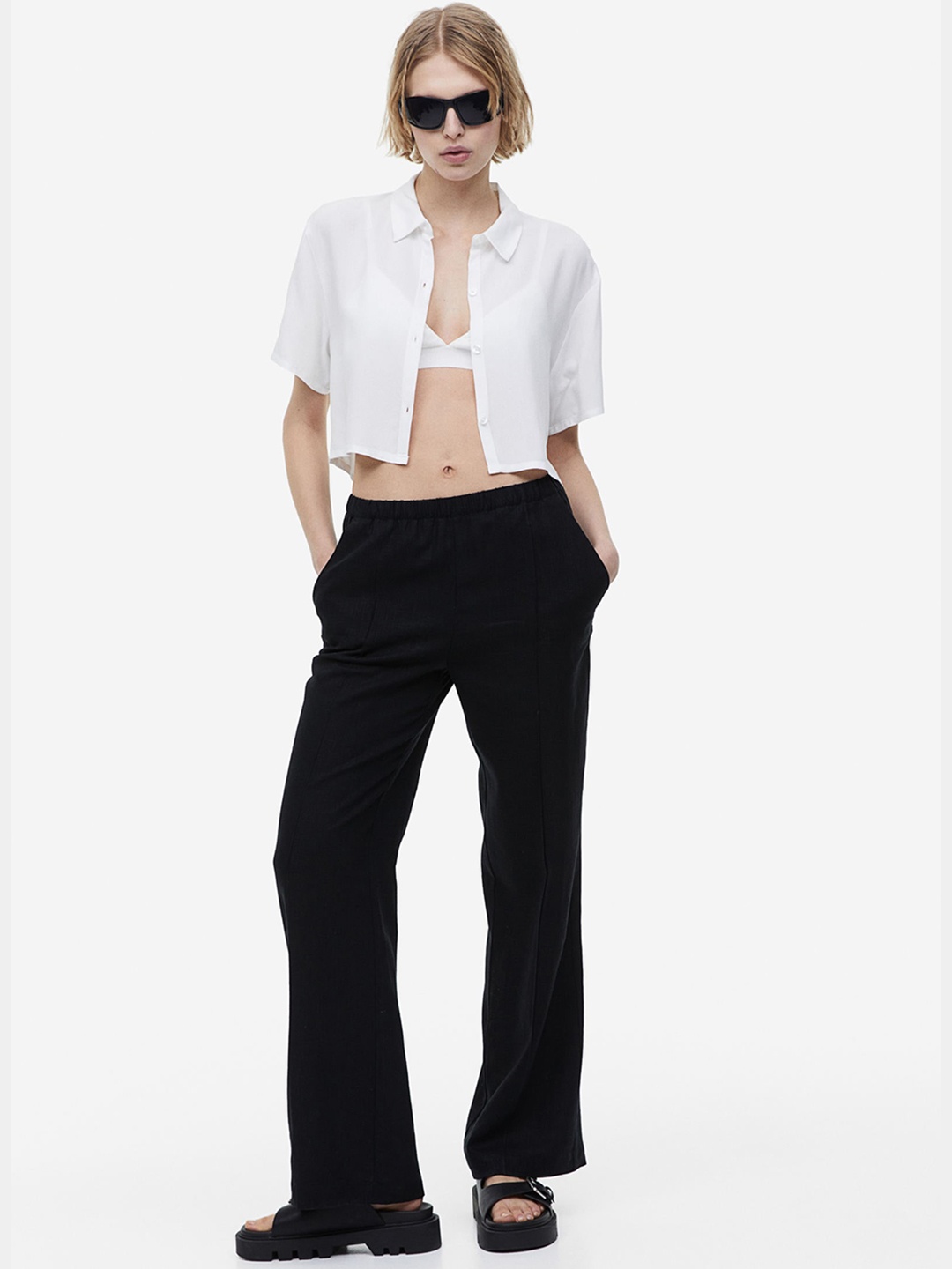 

H&M Women Linen-blend Pull-On Trousers, Black