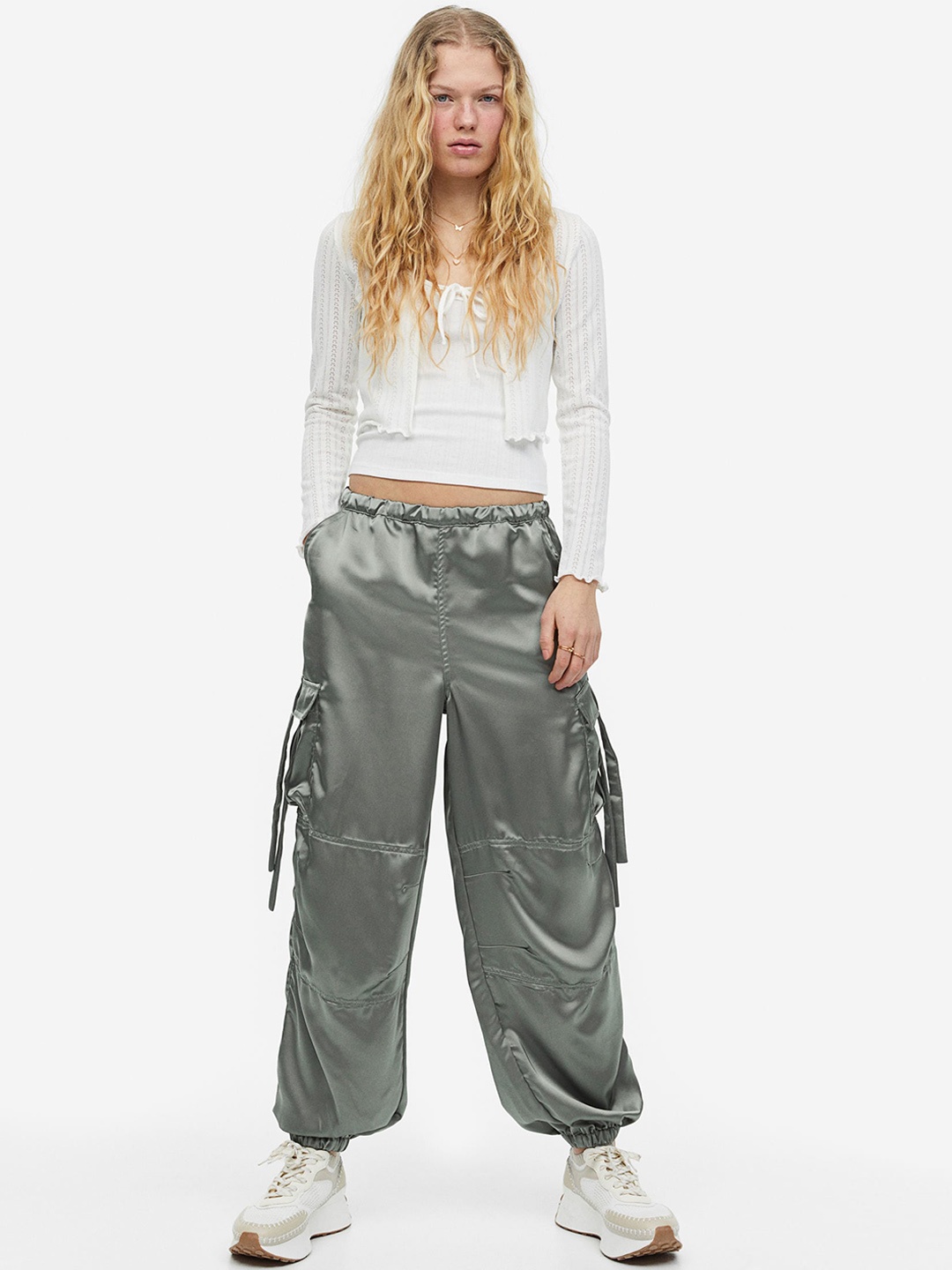 

H&M Women Satin Parachute Trousers, Green