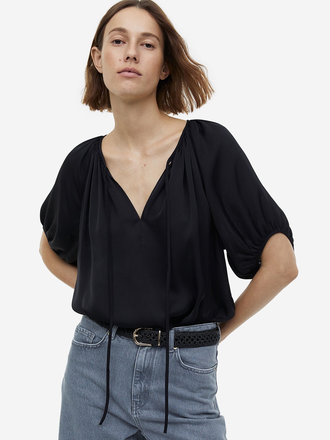 

H&M Oversized Tie-Top Blouse, Black