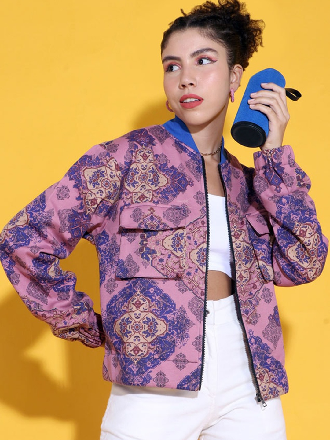

Stylecast X Hersheinbox Floral Printed Mock Collar Bomber Jacket, Pink
