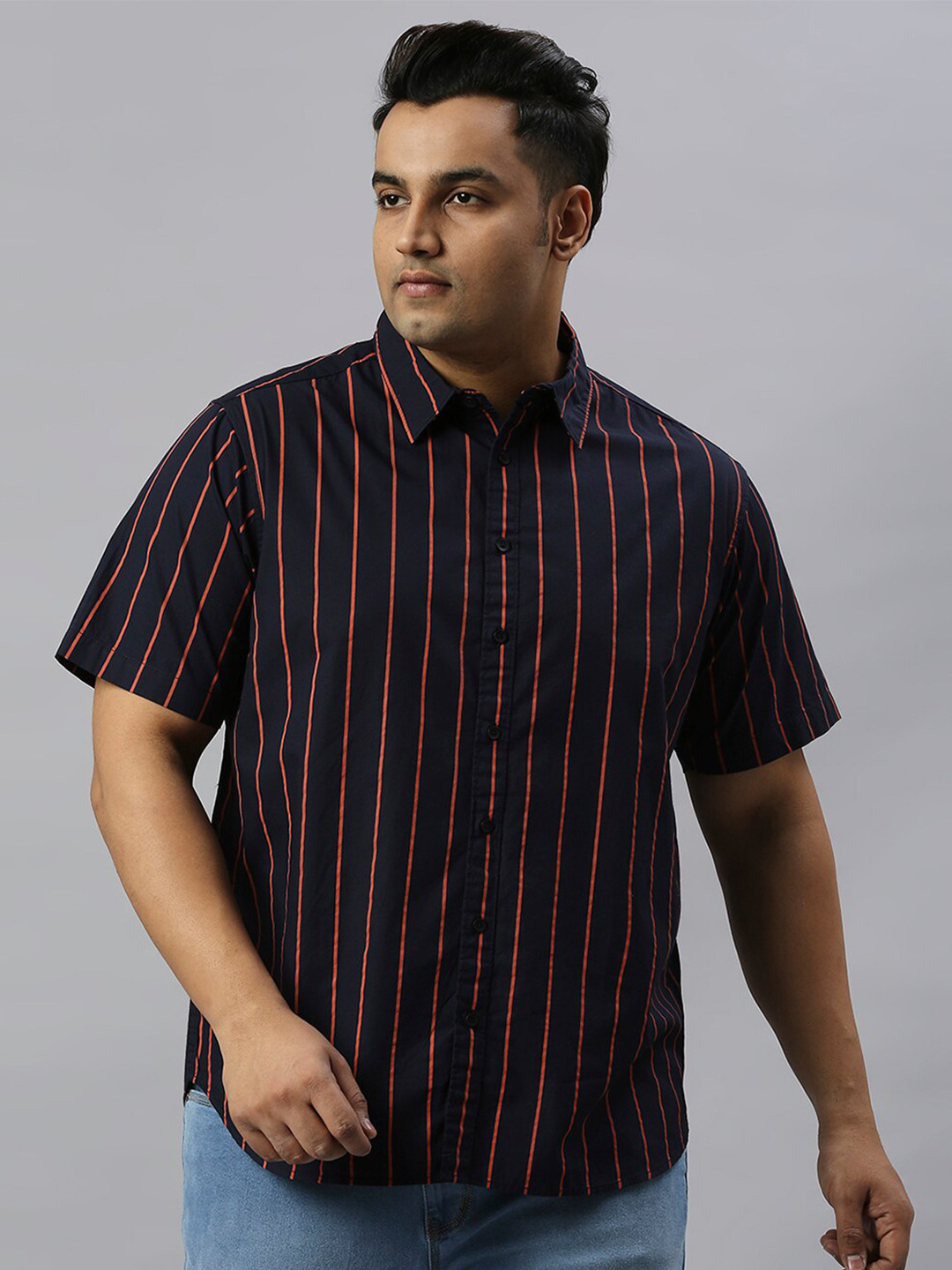 

Freeform by High Star Men Plus Size Slim Fit Vertical Striped Pure Cotton Casual Shirt, Navy blue