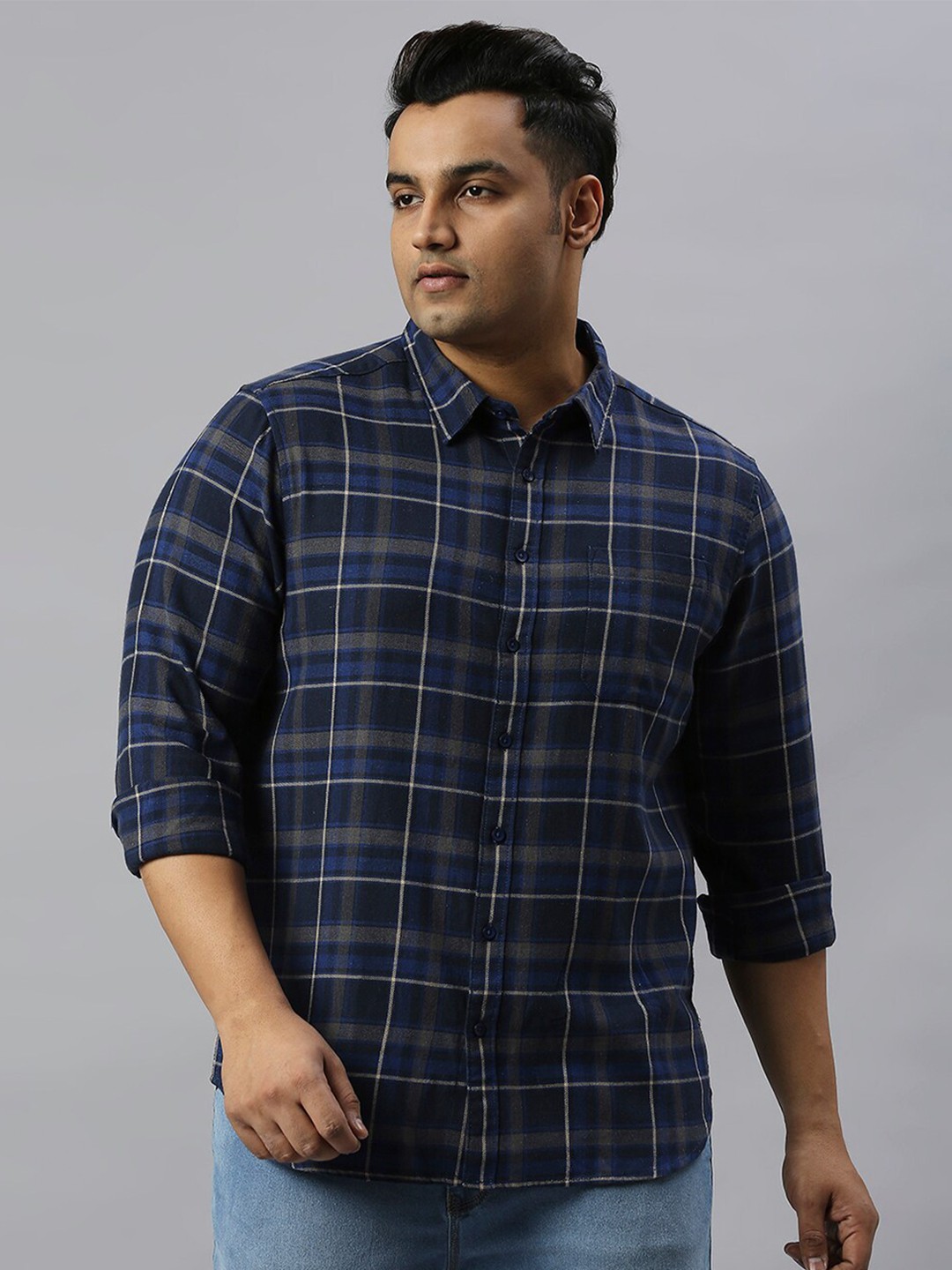 

Freeform by High Star Men Plus Size Slim Fit Tartan Checked Cotton Casual Shirt, Blue