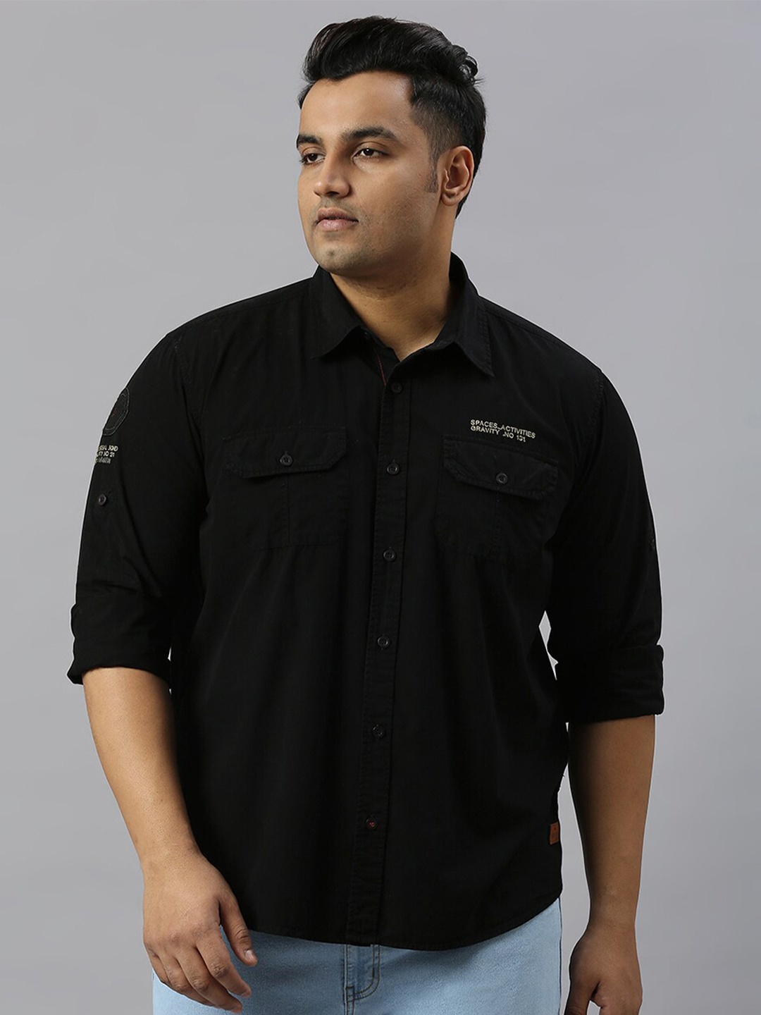 

Freeform by High Star Plus Size Pure Cotton Slim Fit Opaque Casual Shirt, Black