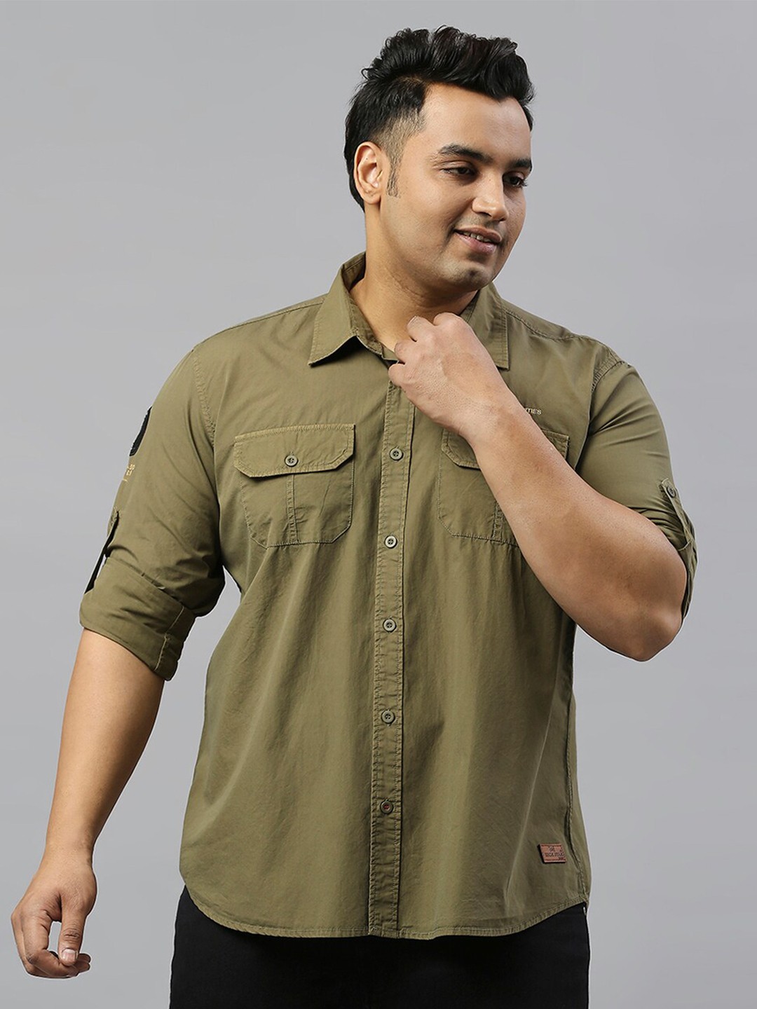 

Freeform by High Star Plus Size Spread Collar Slim Fit Opaque Pure Cotton Casual Shirt, Olive