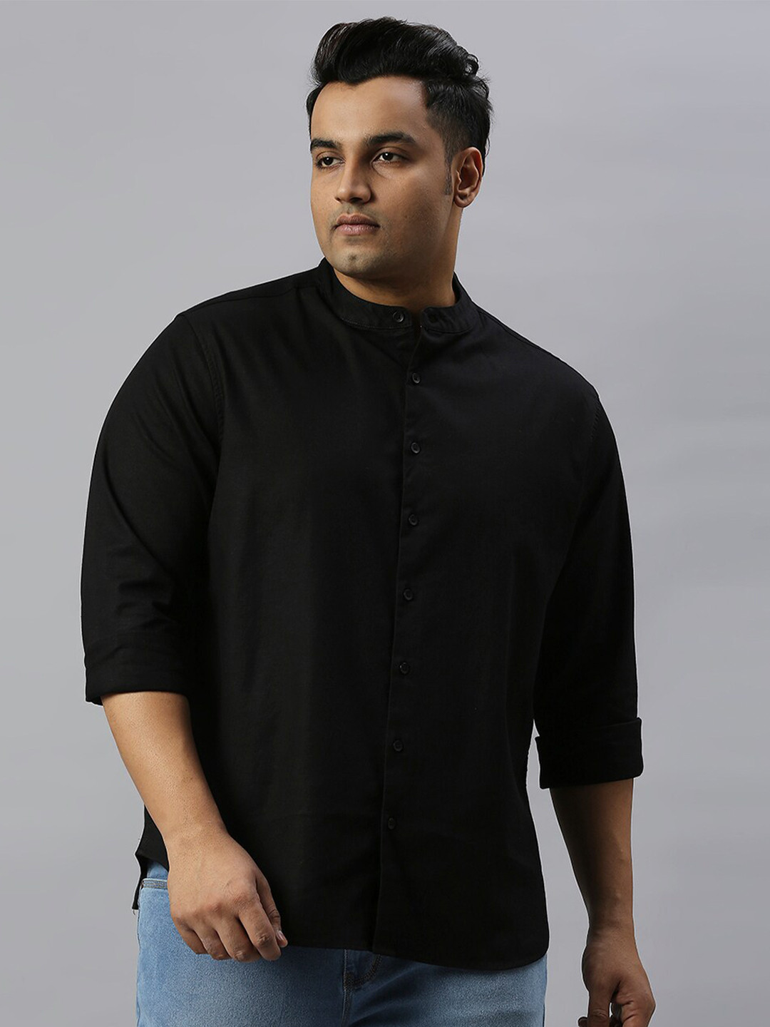 

Freeform by High Star Plus Size Slim Fit Band Collar Pure Cotton Casual Shirt, Black