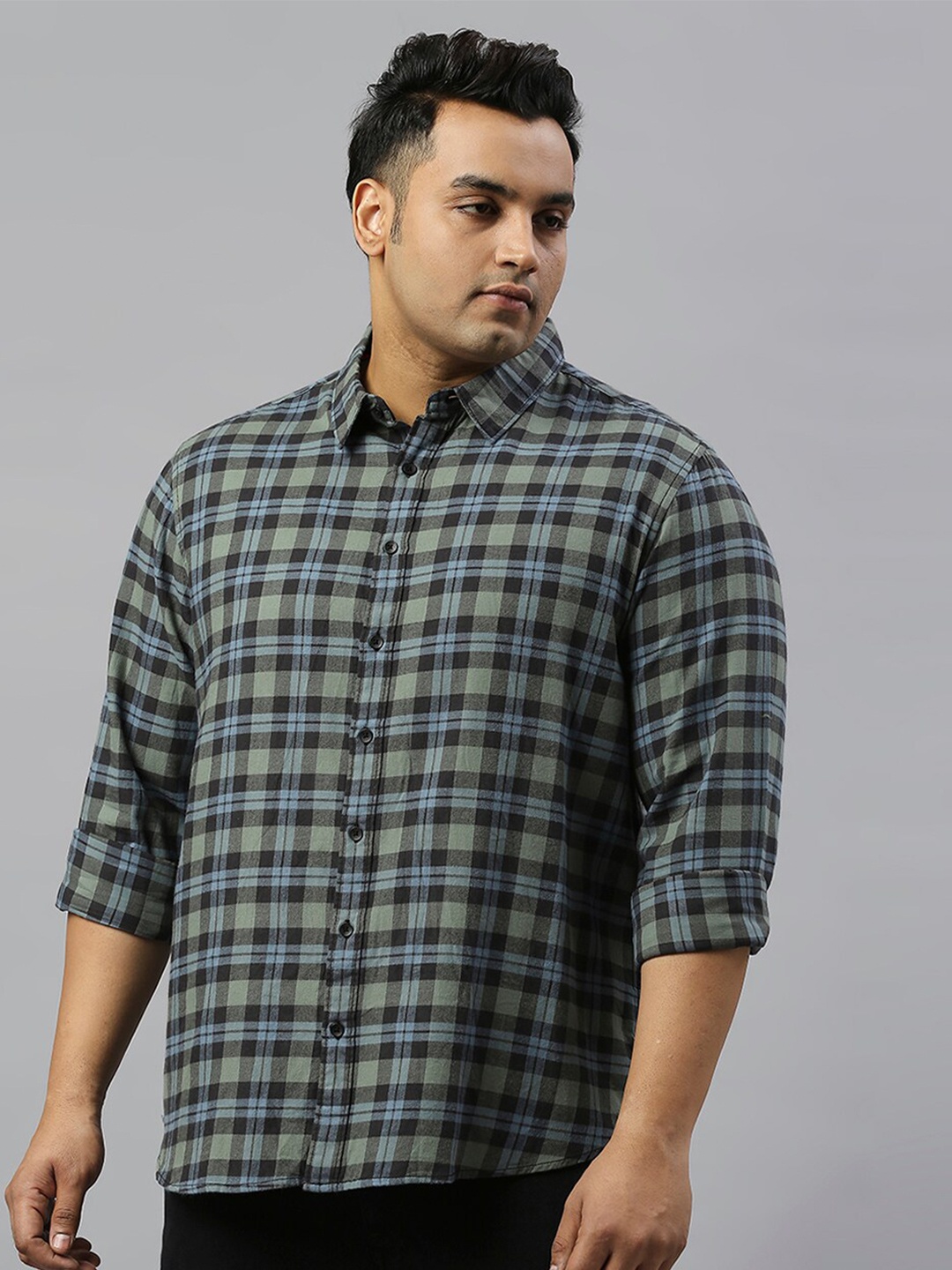 

Freeform by High Star Slim Fit Plus Size Checked Pure Cotton Casual Shirt, Olive