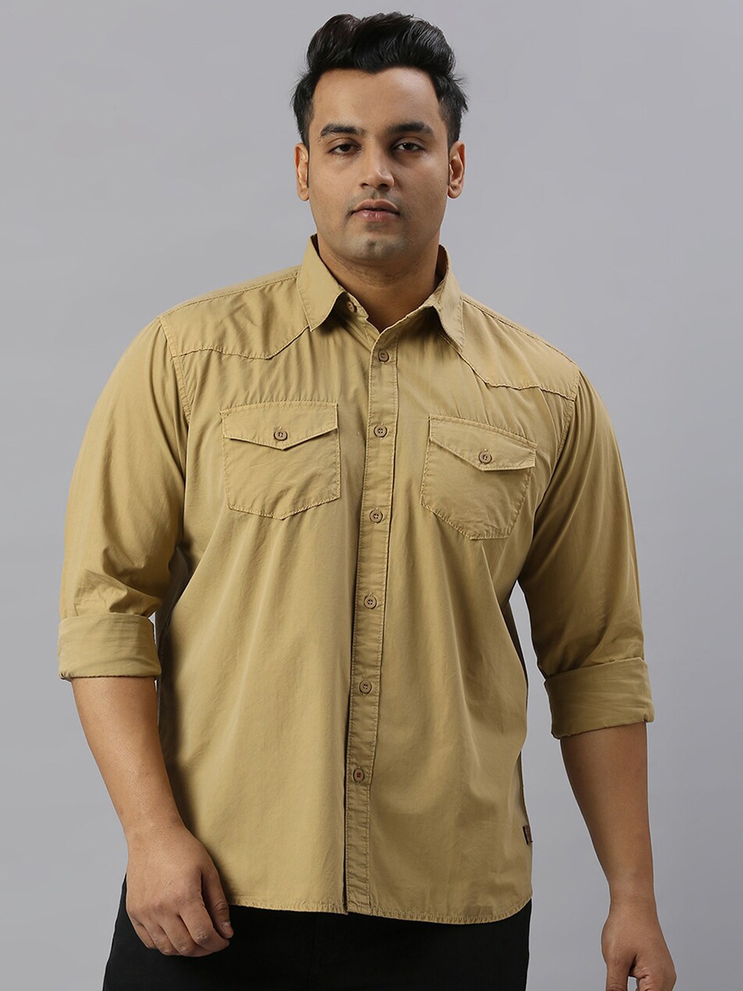 

Freeform by High Star Men Plus Size Cotton Slim Fit Opaque Casual Shirt, Khaki