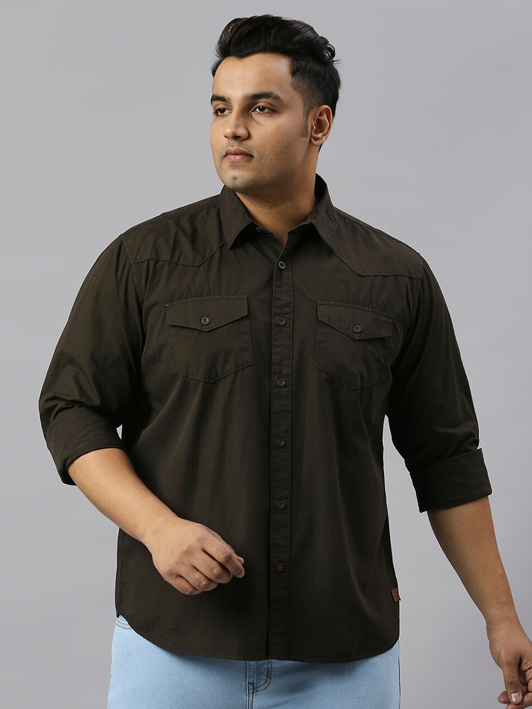 

Freeform by High Star Plus Size Slim Fit Opaque Casual Shirt, Olive