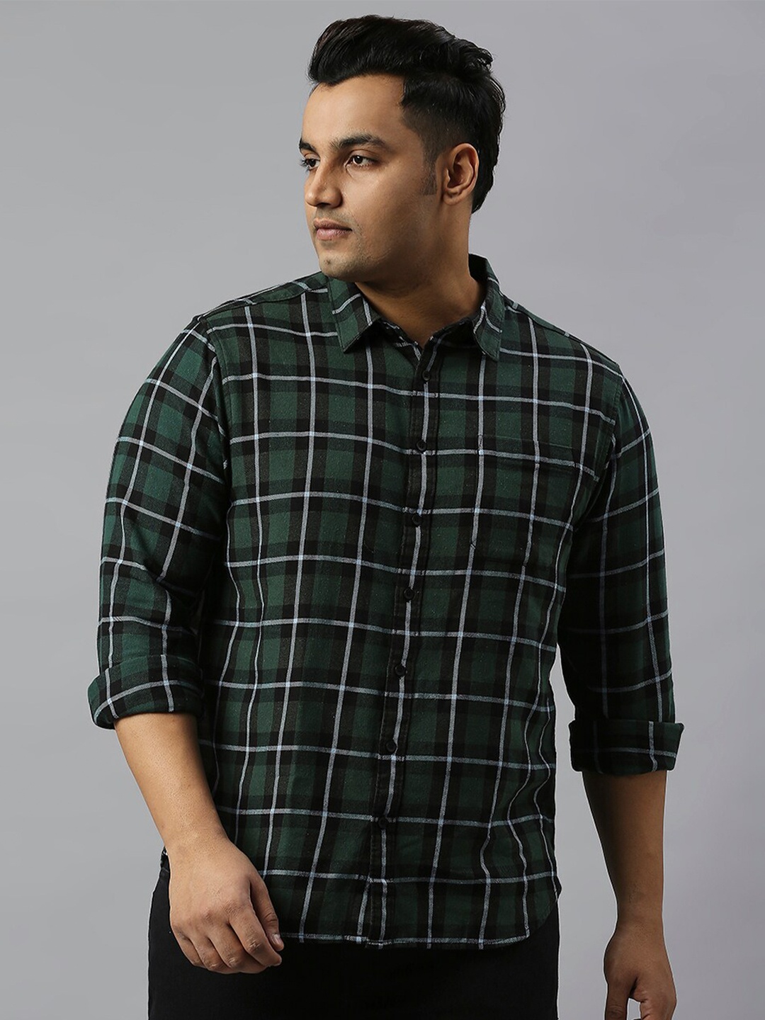 

Freeform by High Star Plus Size Slim Fit Tartan Checks Checked Cotton Casual Shirt, Green