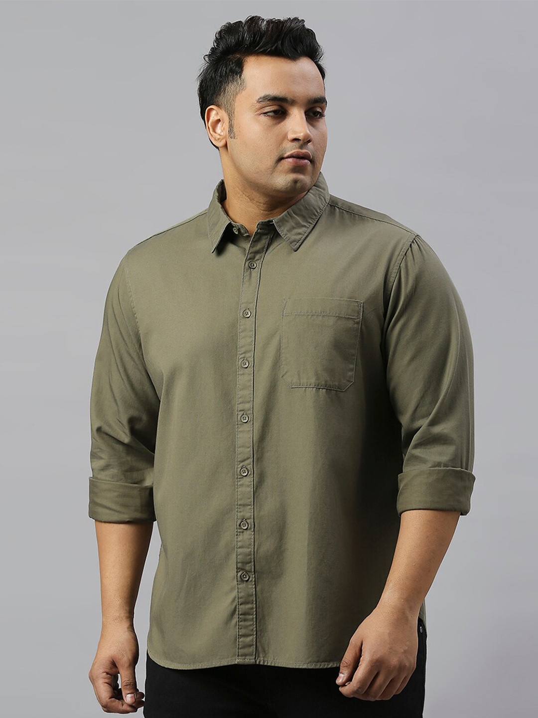 

Freeform by High Star Men Plus Size Pure Cotton Slim Fit Opaque Casual Shirt, Olive