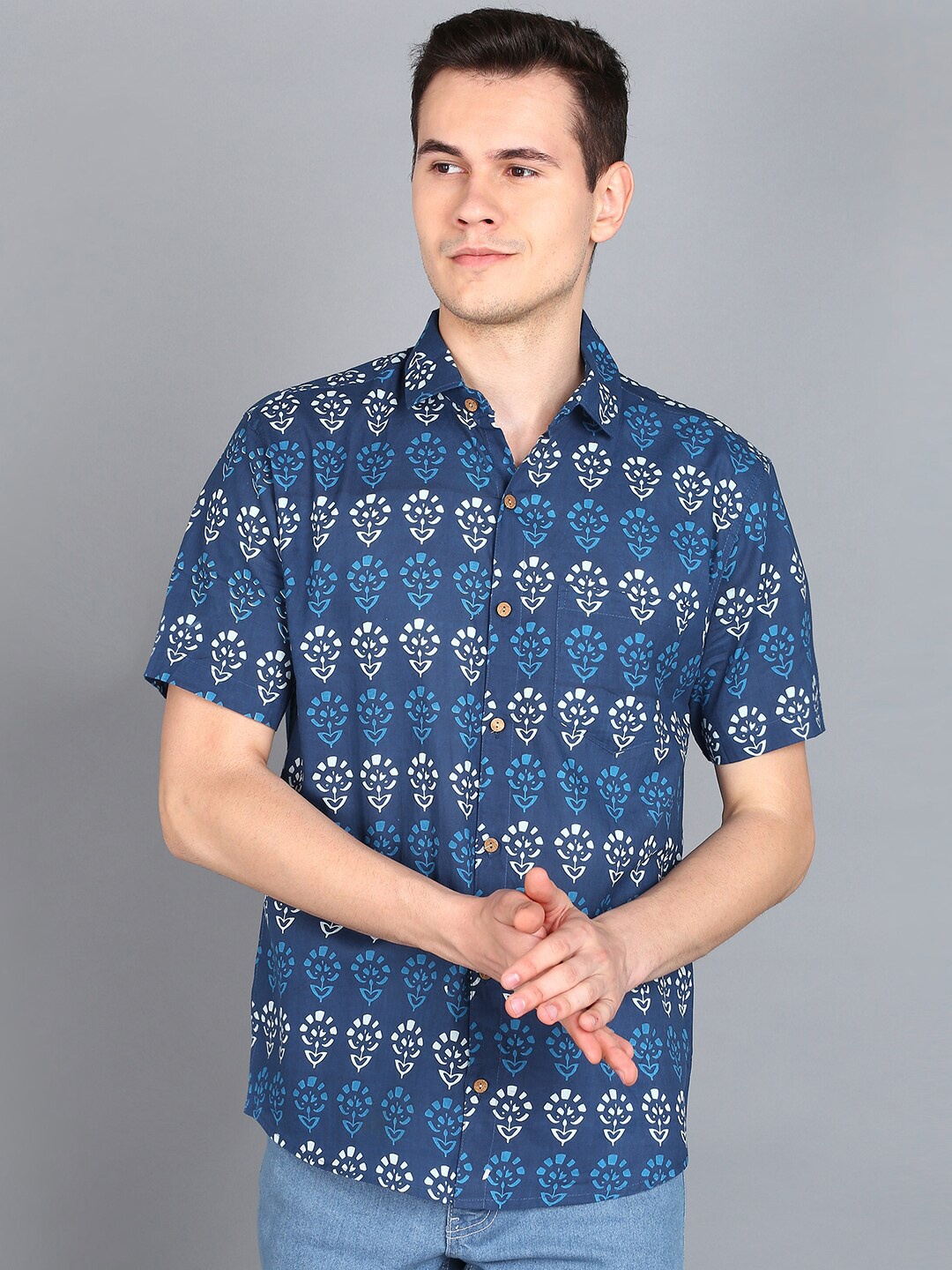 

BLOCKS OF INDIA Ethnic Motifs Printed Cotton Casual Shirt, Blue