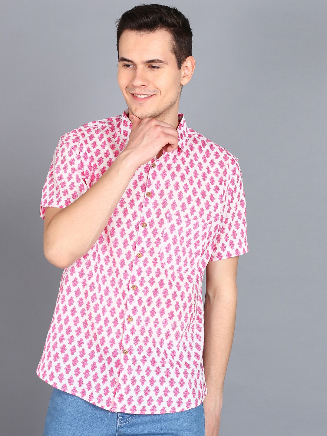 

BLOCKS OF INDIA Floral Printed Spread Collar Pure Cotton Casual Shirt, Pink