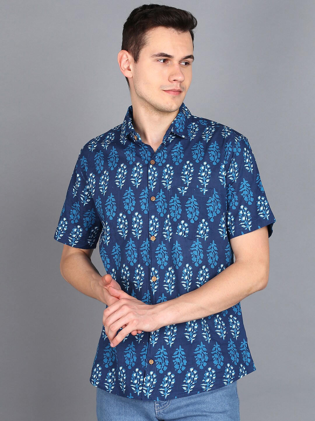 

BLOCKS OF INDIA Spread Collar Comfort Printed Pure Cotton Casual Shirt, Blue