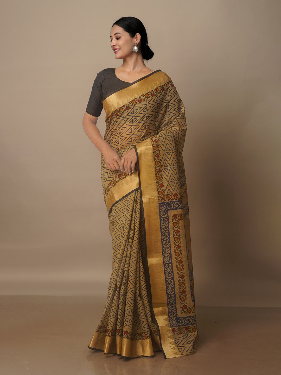 

Unnati Silks Ethnic Motifs Zari Silk Cotton Chanderi Saree, Brown