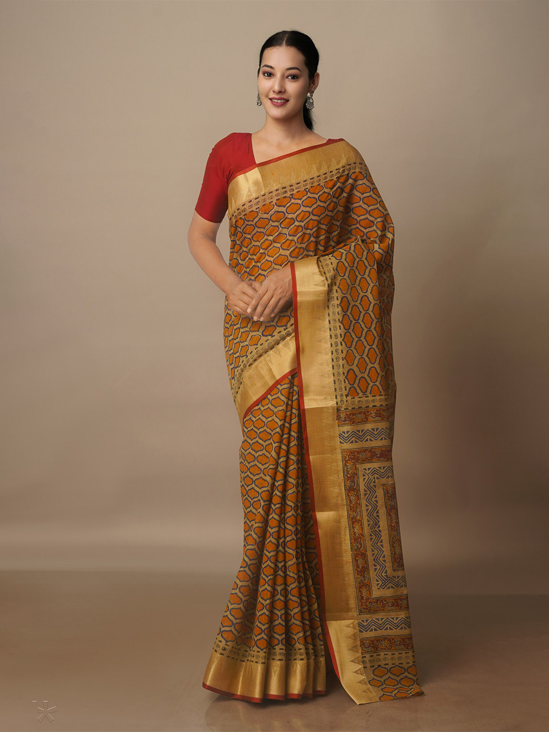 

Unnati Silks Ethnic Motifs Printed Zari Silk Cotton Chanderi Saree, Brown