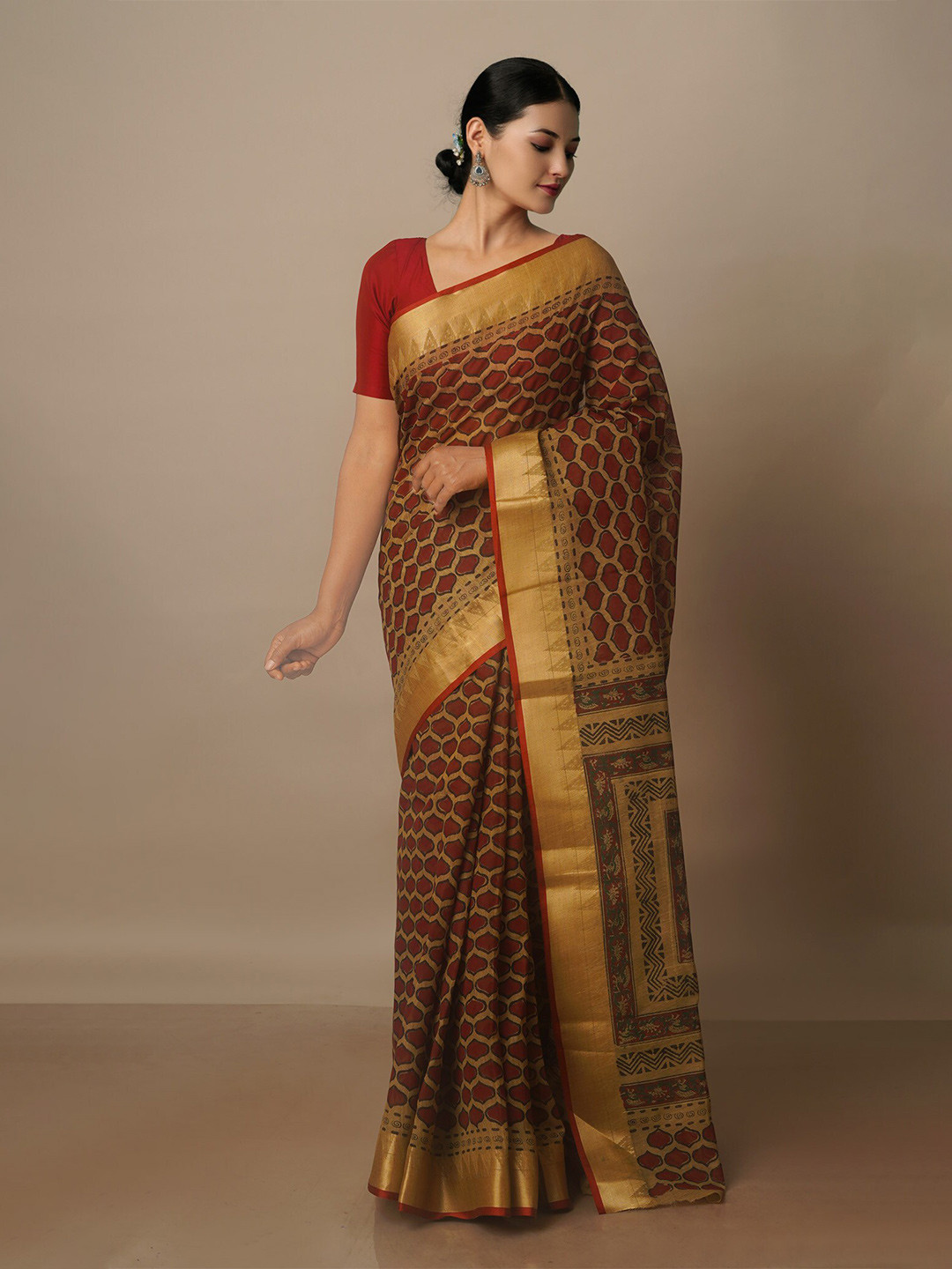 

Unnati Silks Ethnic Motifs Zari Silk Cotton Chanderi Saree, Brown