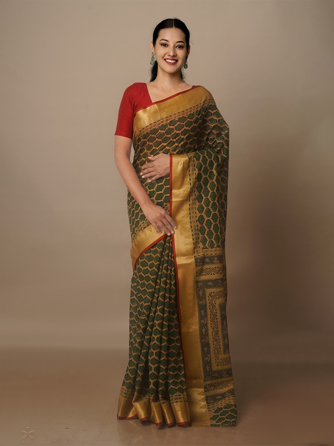 

Unnati Silks Ethnic Motifs Printed Zari Silk Cotton Chanderi Saree, Brown