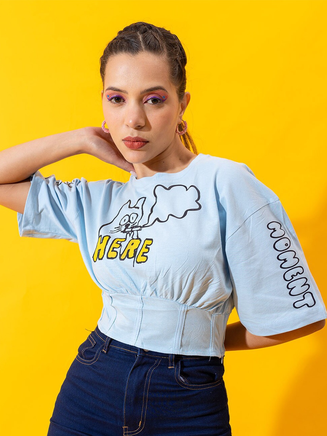 

Stylecast X Hersheinbox Blue Typography Printed Pure Cotton Cinched Waist Top