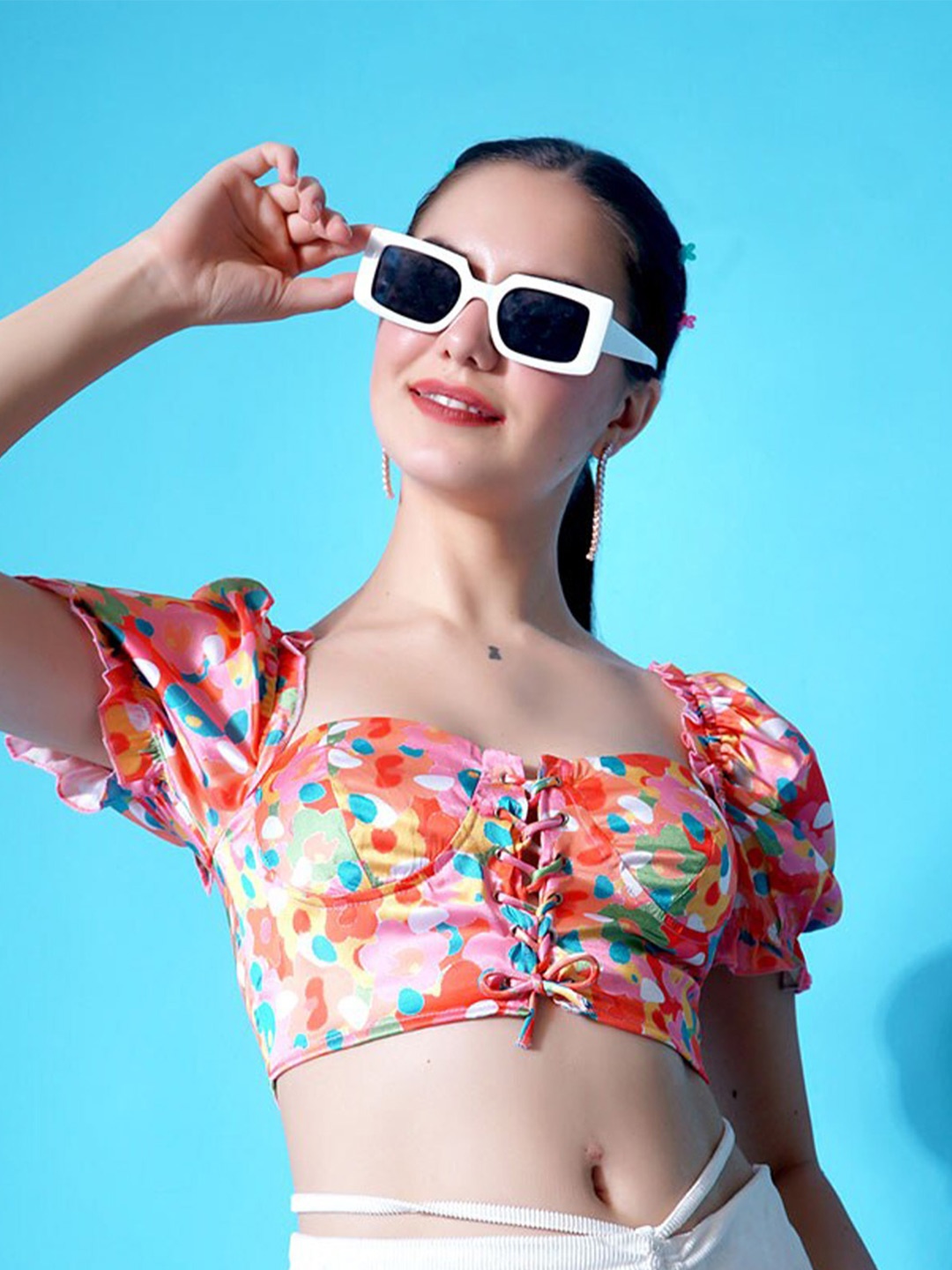 

Stylecast X Hersheinbox Floral Print Puff Sleeve Crop Satin Top, Pink