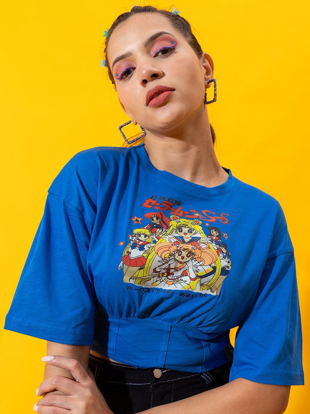 

Stylecast X Hersheinbox Blue Graphic Printed Pure Cotton Blouson Crop Top