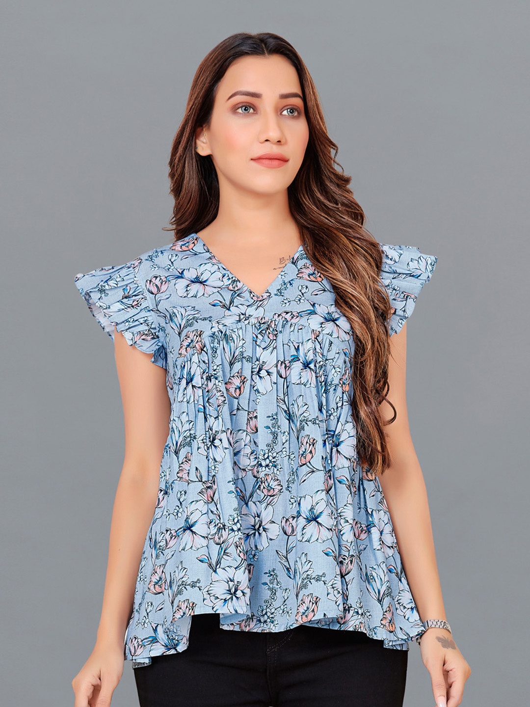 

FASHION DREAM Floral Printed Flutter Sleeve Empire Top, Blue