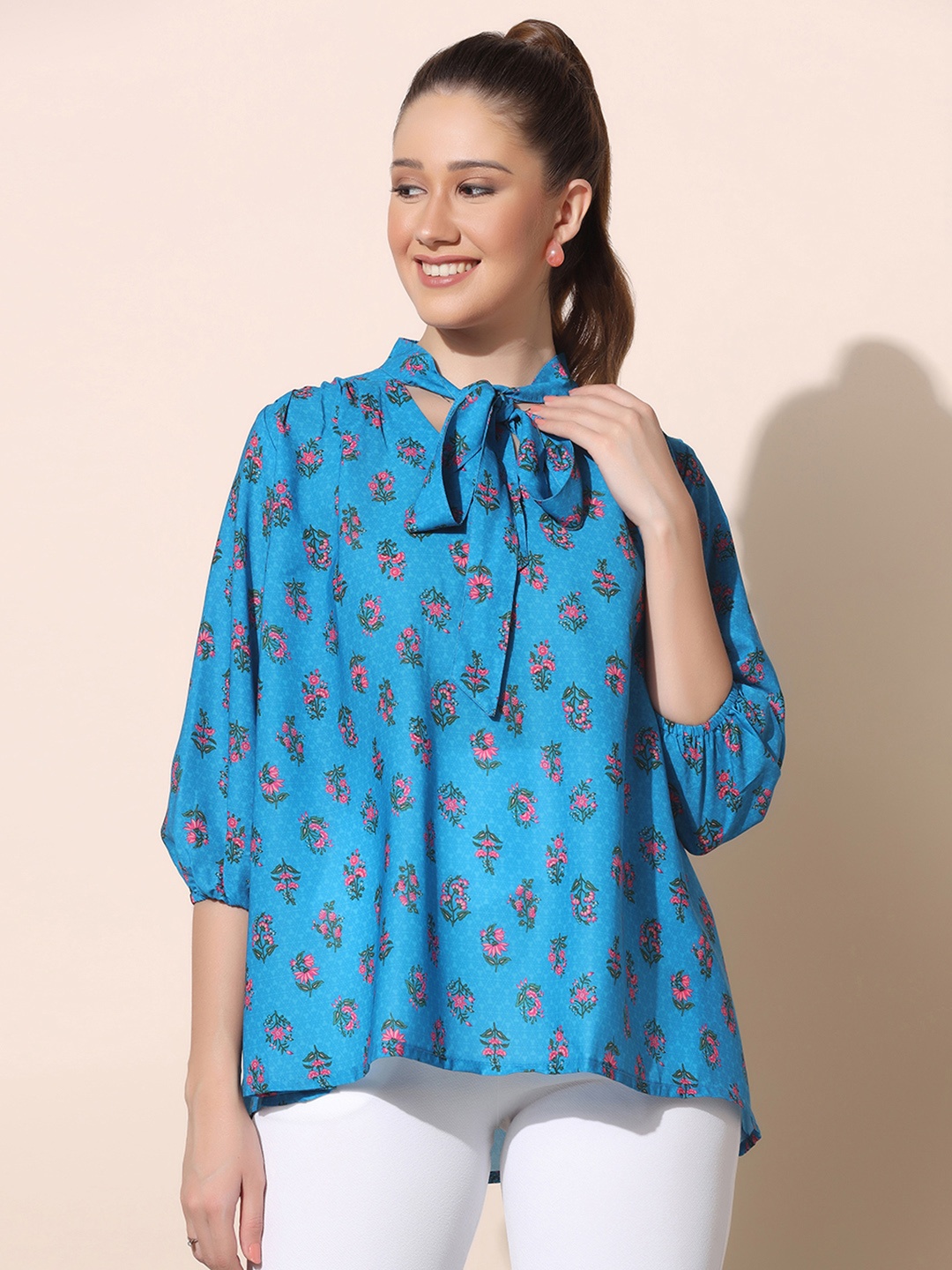 

FASHION DREAM Floral Printed Tie-Up Neck Pleated Puff Sleeves Top, Blue