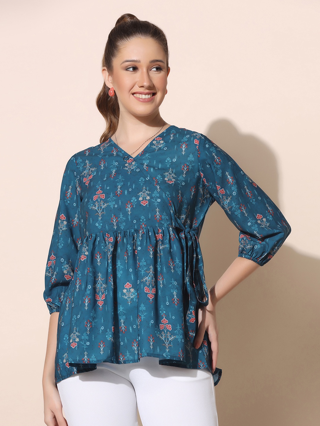 

FASHION DREAM Ethnic Motifs Printed Wrap Top, Blue