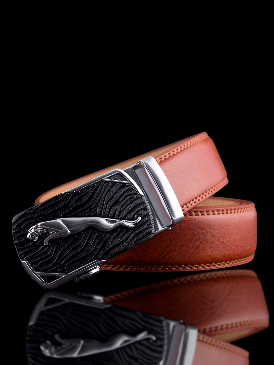 

NAEVE Men Leather Formal Belt With Textured Buckle, Brown